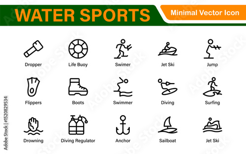 Water Sports Icon Set – Vector, Outline, and Minimal Line Art Illustrations for Surfing, Swimming, Beach Activities, and Outdoor Designs