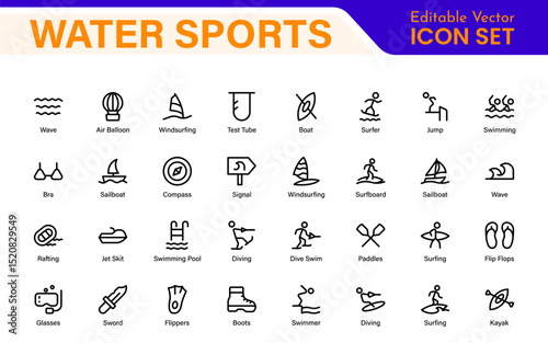 Water Sports Icon Set – Vector, Outline, and Minimal Line Art Illustrations for Surfing, Swimming, Beach Activities, and Outdoor Designs
