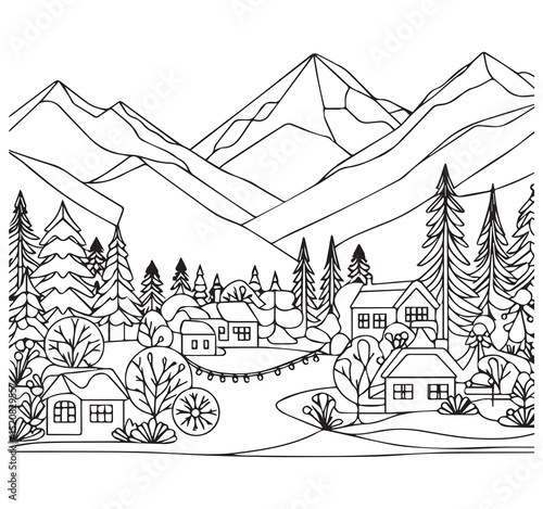 Black and White Line Art Coloring Page Winter Village Scene Houses Trees Mountains Snow Landscape