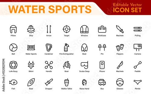 Water Sports Icon Set – Vector, Outline, and Minimal Line Art Illustrations for Surfing, Swimming, Beach Activities, and Outdoor Designs