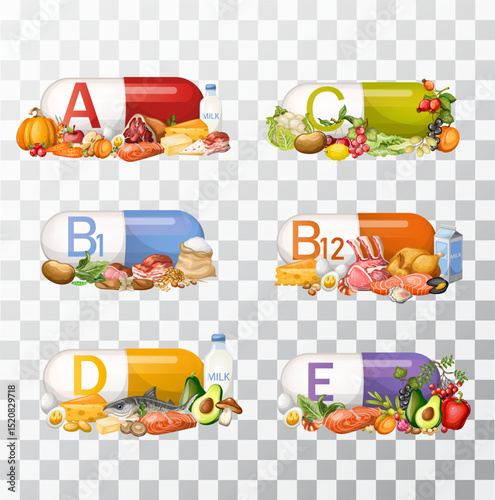 Set of vitamin content in different products