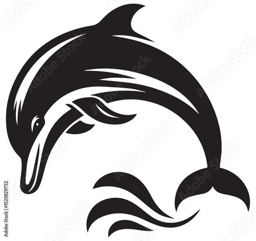 Black and White Dolphin Jumping Silhouette Illustration with Water Splash