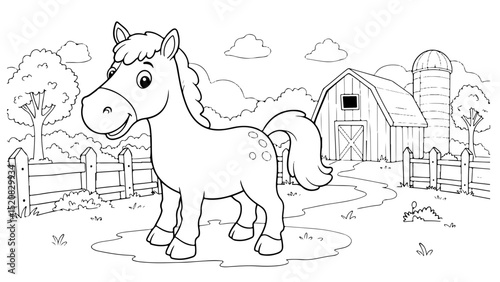 horse cartoon outline for coloring page, paper a4 printable, vector line art black and white illustration, white background