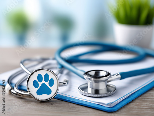 Blue stethoscope and medical record featuring paw print emphasizing importance of animal healthcare in veterinary practice