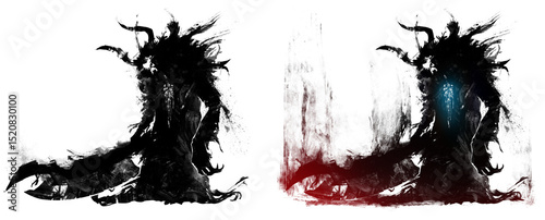The black silhouette of a sinister monster with a huge cleaver. He is a horned butcher reaper with a skull mask, shaggy in tattered clothes and huge weapons. 2d ink-style illustration.