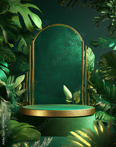 A green podium with a golden border and gold shapes on it, set against a jungle background.
