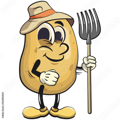 cute cartoon potato mascot vector carrying fork shovel and wearing hat, happy smiling character isolated on transparent background, work of hand drawn