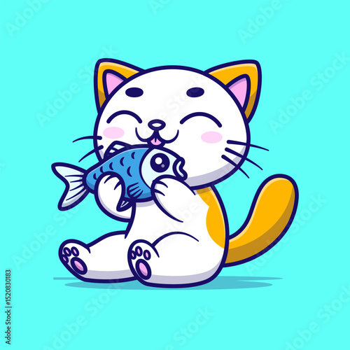 Cute Cat Eating Fish. Kawaii Style Illustration