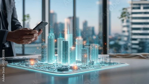 Businessman holds phone with virtual city around him, showing digital twins, digital clone, predictive analytics for smart city modeling and control