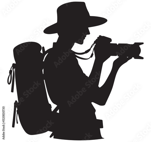 Black Silhouette Photographer with Camera Backpack and Hat Outdoor Travel Photography Icon