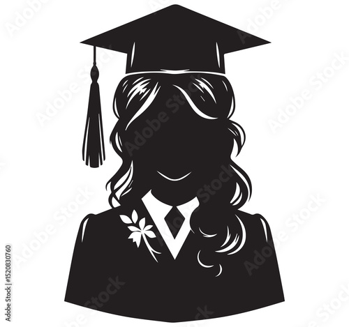 Black and White Silhouette of Female Graduate in Cap and Gown Simple Vector Graphic for Education and Achievement
