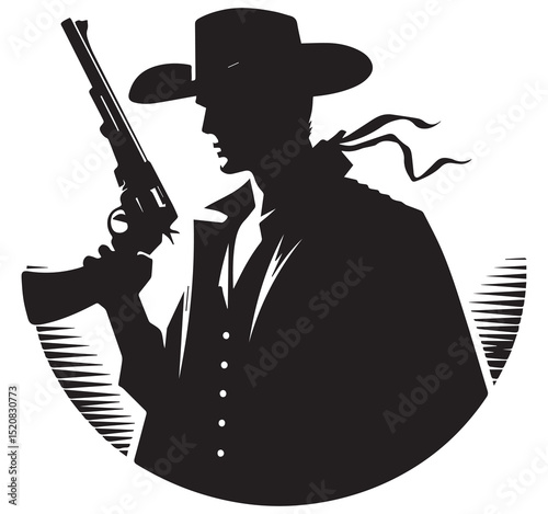 Western Cowboy Silhouette with Rifle Black and White Graphic Design