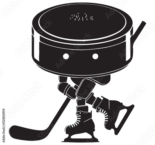 Black and White Cartoon Hockey Puck Character Skater with Skates and Stick Sports Graphic Illustration
