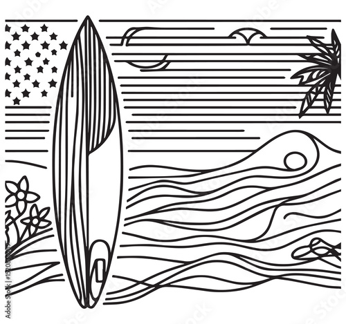 Surfboard on Beach Black and White Line Art Ocean Waves Palm Tree Stars Minimalist Coastal Illustration