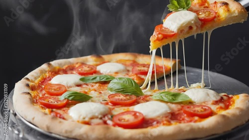 Freshly baked pizza with melted cheese, pepperoni, cherry tomatoes, mushrooms, mozzarella and basil leaves. Hot and steaming, it’s the perfect comfort food for festive gatherings and cozy dinners