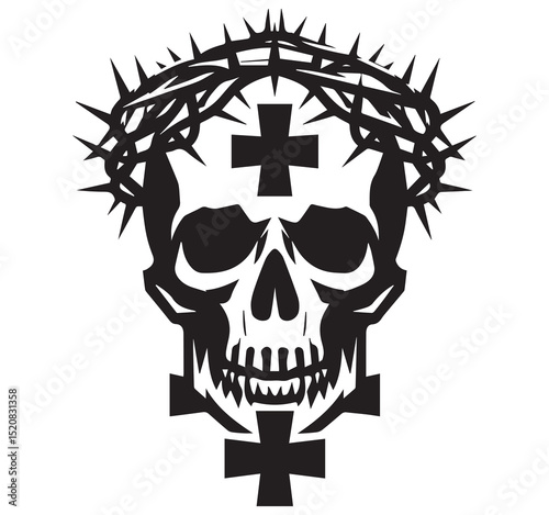 Skull with Crown of Thorns and Three Crosses Crucifixion Symbolism Black and White Graphic Art
