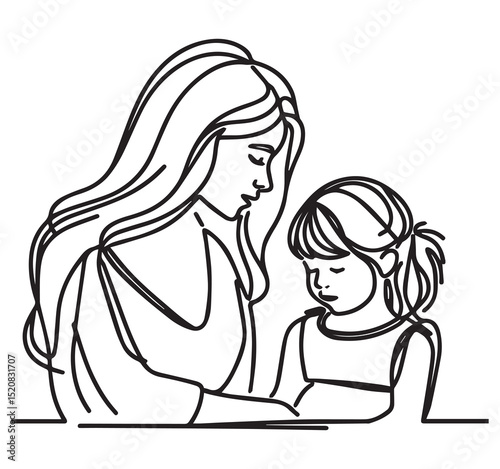 Black and White Continuous Line Art Mother Daughter Reading Illustration
