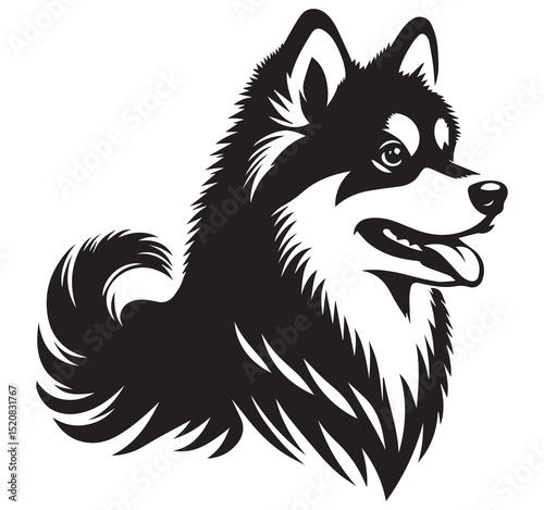 Striking Black and White Vector Illustration of a Fluffy Spitz Dog Head Portrait - Cute Happy Canine Drawing Logo Design Art