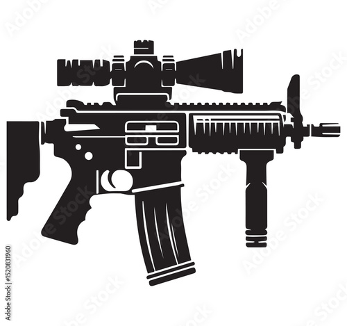 Black and White Tactical Rifle Silhouette Vector Graphic Illustration with Scope Magazine Foregrip Isolated