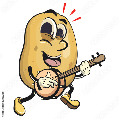 cute cartoon potato mascot vector playing the banjo musical instrument, happy smiling character isolated on transparent background, work of hand drawn
