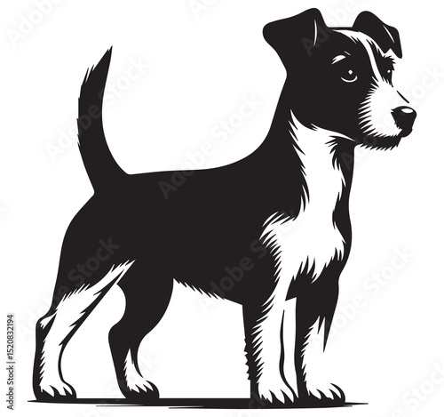 Vector Graphic Black and White Illustration of Standing Jack Russell Terrier Dog Profile Art