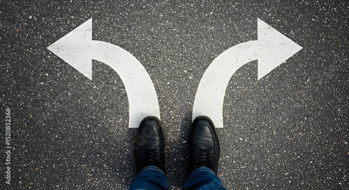 A person is standing at a crossroads, facing two large white arrows painted on the asphalt, pointing in different directions.