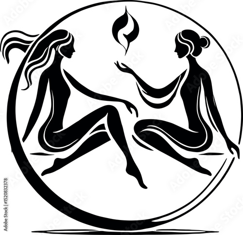 Black-and-white minimalist illustration featuring two elegant female silhouettes seated face-to-face, evoking calm dialogue, with an abstract oil drop silhouette symbolizing wellness and balance.
