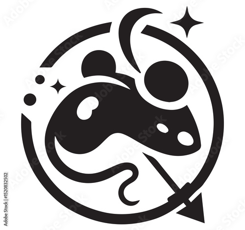 Black White Stylized Mouse Rat Head Graphic Logo Icon Celestial Design with Crescent Moon Stars and Downward Pointing Arrow