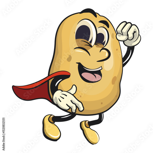 cute cartoon potato mascot vector as flying superhero wearing a robe, happy smiling character isolated on transparent background, work of hand drawn
