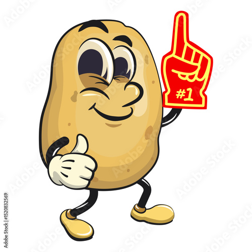 cute cartoon potato mascot vector raise foam finger, happy smiling character isolated on transparent background, work of hand drawn