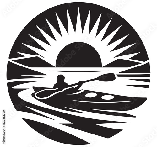 Black and white graphic illustration of a kayaker paddling on water with mountains and sunrise
