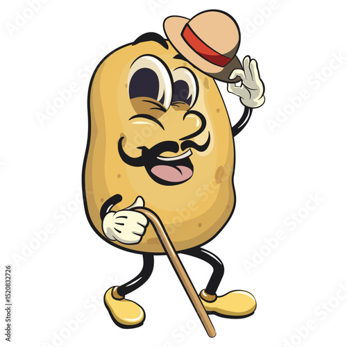 cute cartoon potato mascot vector carrying a stick and saluting with raised hat, happy smiling character isolated on transparent background, work of hand drawn