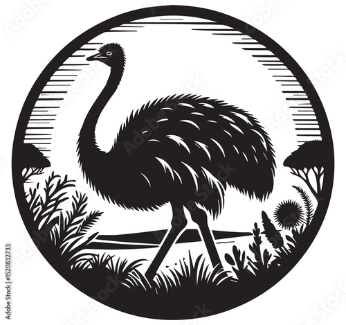 Detailed Stylized Black and White Graphic Illustration of a Large Emu Bird Walking in a Circular Savanna Landscape