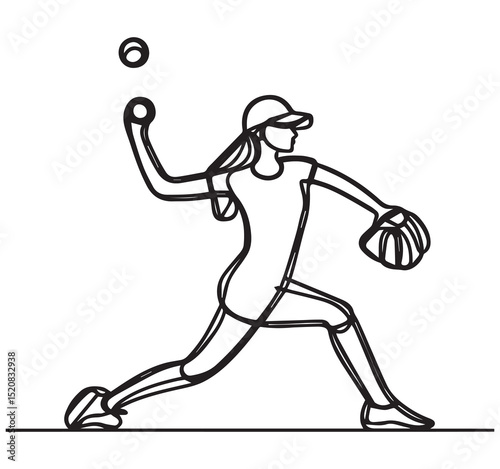 Simple Black and White Line Art Drawing of a Female Softball Pitcher Throwing a Ball