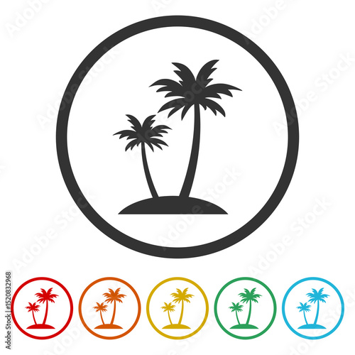 Palm tree island icon. Set icons in color circle buttons