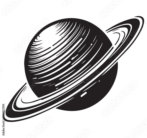 Detailed Vintage Black and White Engraving Style Illustration of Saturn Planet with Rings Space Astronomy Hand Drawn Art