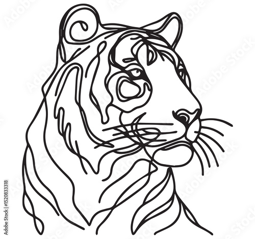 Continuous Line Art Drawing of a Right-Facing Tiger Head Profile, Minimalist Black and White Animal Illustration