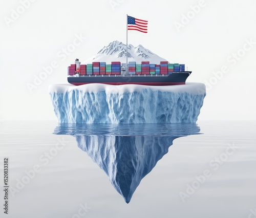 An iceberg floating in the ocean with an American flag on top and cargo containers behind it, with another ship nearby. The background is white, creating contrast between them.