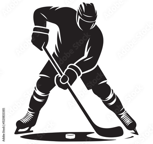 Dynamic Black Silhouette Graphic Illustration of an Ice Hockey Player Skating and Stickhandling the Puck