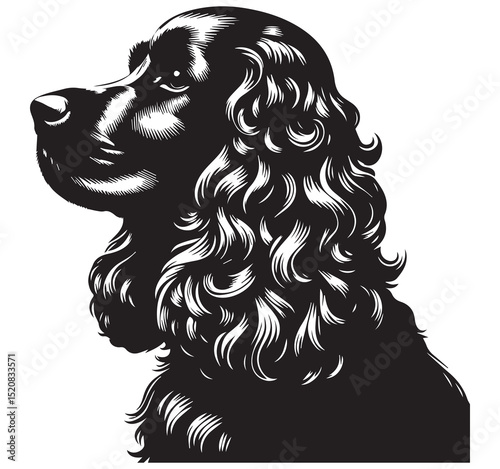 Black Cocker Spaniel Dog Head Profile Black and White Linocut Engraving Stylized Illustration Art