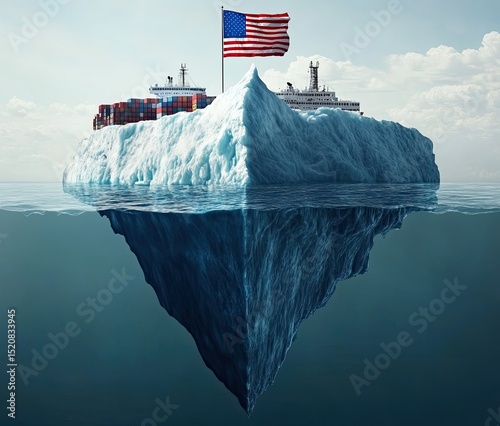 An iceberg floating in the ocean with an American flag on top and cargo containers behind it, with another ship nearby. The background is white, creating contrast between them.