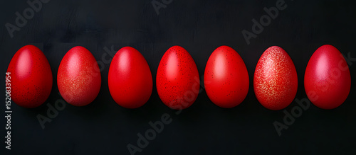 Vibrant collection of red Easter eggs arranged neatly on a dark background for festive celebrations and springtime decor concepts photo