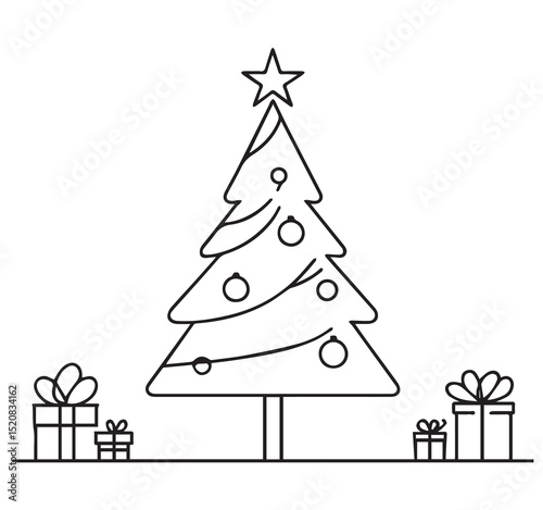High-quality minimalist black and white outline line art drawing of a festive Christmas tree adorned with star, ornaments, and many presents.