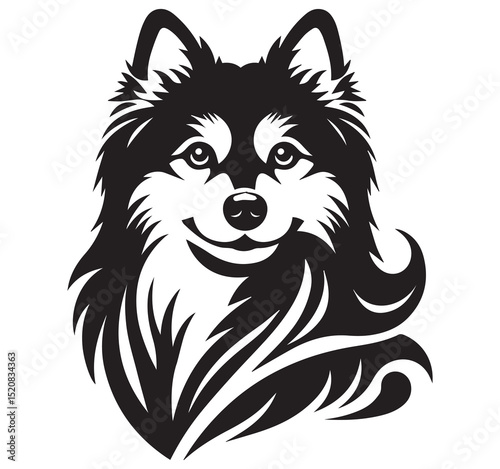 Cute Black and White Stylized Fluffy Dog Head Illustration Vector Graphic Art Smiling Pet Animal Design Drawing Logo Clipart