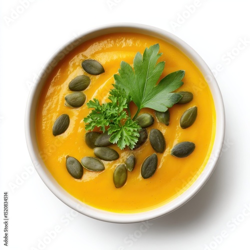 Bird’s eye view of a bowl filled with smooth pumpkin soup, decorated with green pumpkin seeds and a fresh parsley leaf in the center, against a bright white background.