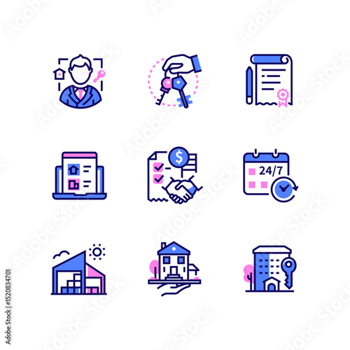 Residential sale and lease - line art style icons set