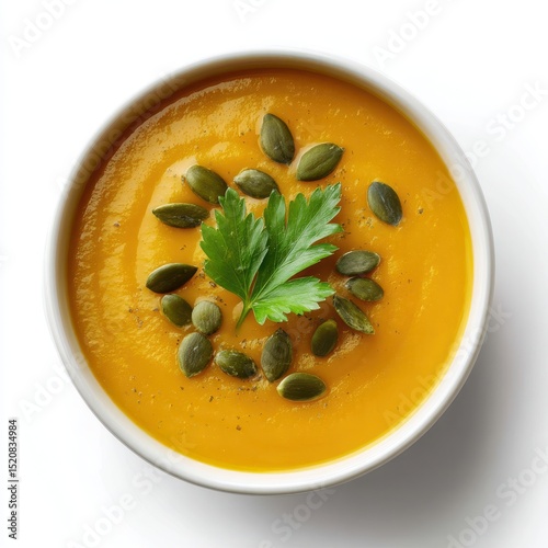 Top view of pumpkin soup in bowl, decorated with fresh green pumpkin seeds and a parsley leaf in the center, on a white backdrop emphasizing clean, fresh food styling.