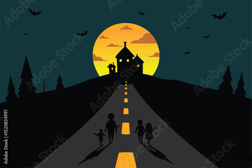 halloween landscape with moon and bats