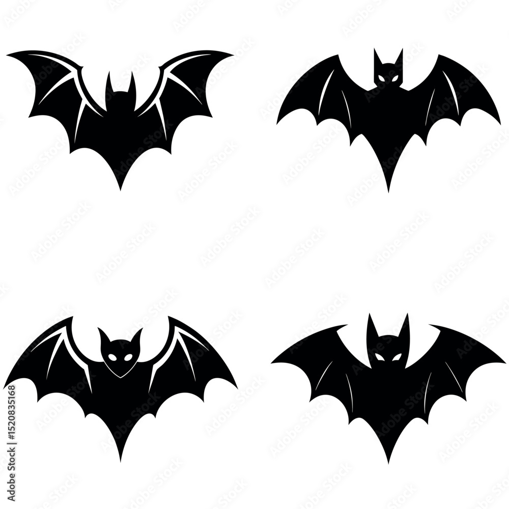 Fototapeta premium Four Bat Silhouette Designs, Black Vectors on White Background, Halloween Theme