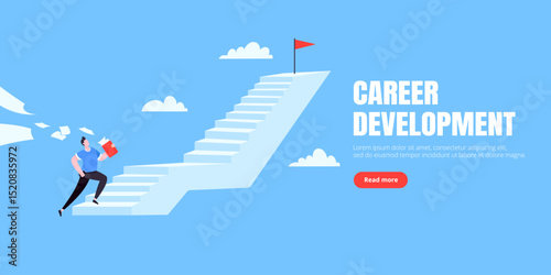 Success career ladder steps path challenge with business goal achievement flag objective on the top of it business concept flat vector illustration. Office person running onto success career steps.